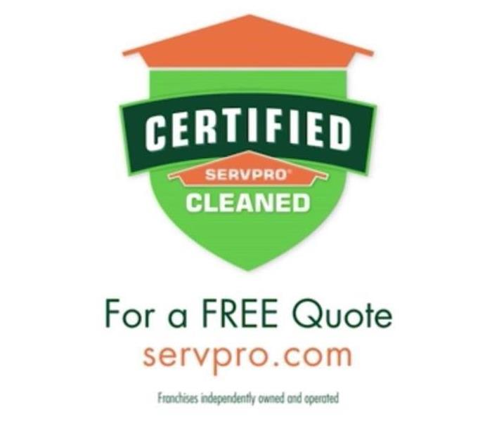 Certified: SERVPRO Cleaned Logo with additional information as text